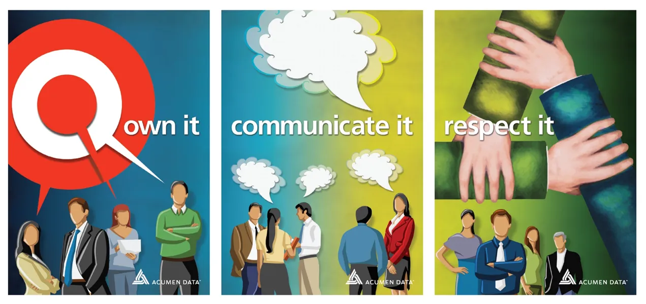 Three Acumen Data values posters: own it, communicate it, respect it