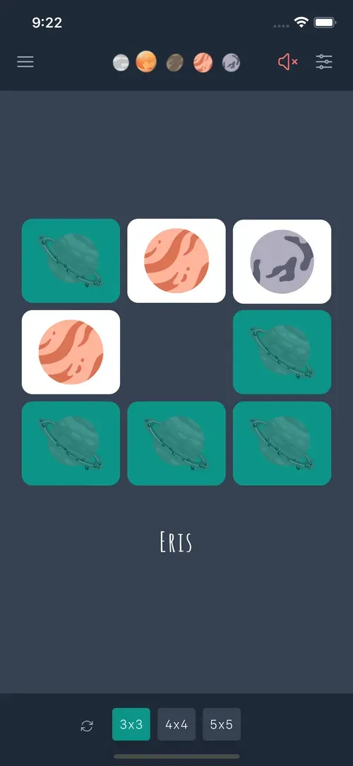Memory Tester: a 3×3 grid of planet cards to match