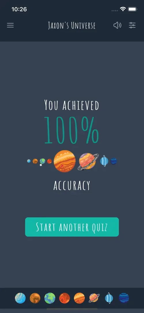 A quiz result screen showing 100% accuracy