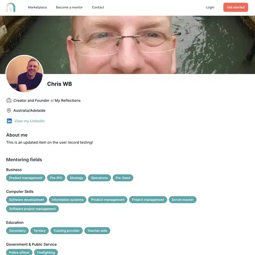 A mentor profile listing mentoring fields such as product management and strategy