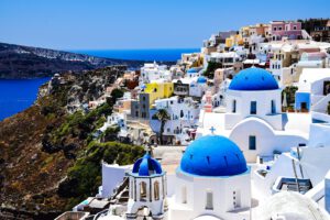 a scenic view of a blue and white village